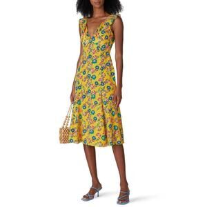 Saloni Women’s Holly Yellow Ruffle-Trimmed Floral-Print Silk Midi Dress 0